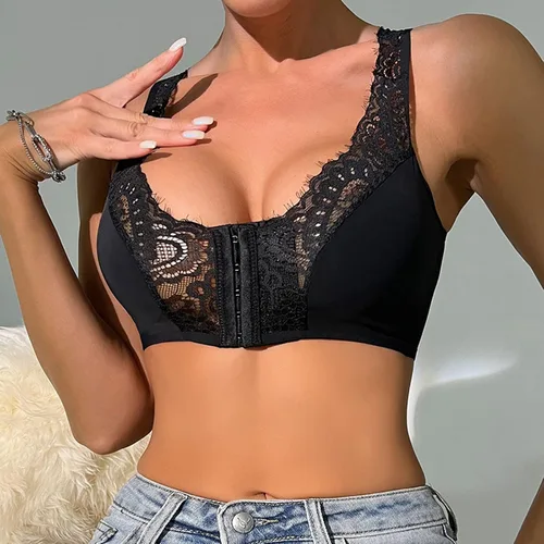 Vista 5 de Sujetador de encaje con cierre frontal para mujer, sin varillas, cómodo, poscirugía, con soporte acolchado, sin varillas, espalda cruzada, brasier