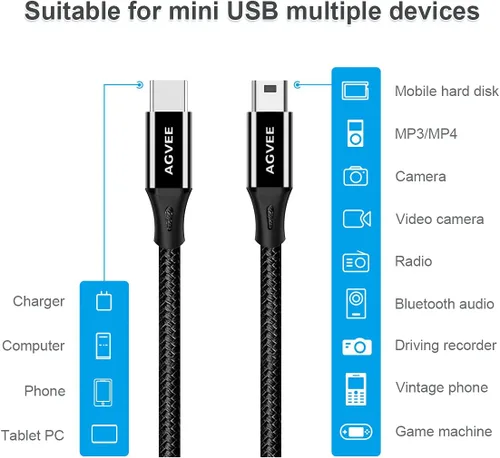 Vista 5 de AGVEE Cable USB-C a mini USB de 1 pie, trenzado duradero Mini-B de 5 pines a tipo C, cargador de datos OTG para Hero 3+, controlador PS3, cámara