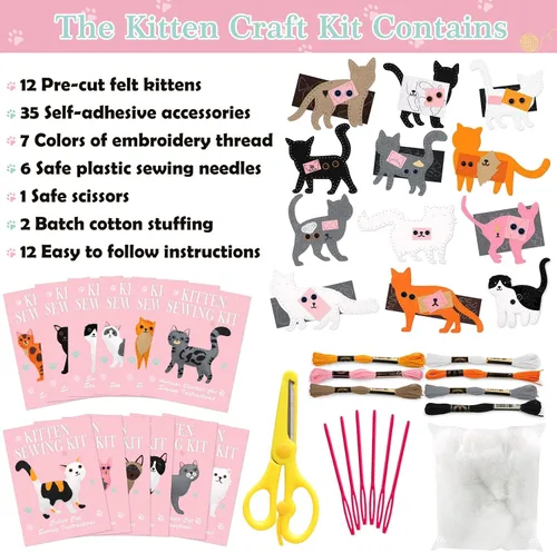 Vista 4 de CiyvoLyeen Kit de costura de gato para niños, edades de 7, 8, 9, 10, 11, 12 años, juguetes de peluche para gatitos, juego de manualidades