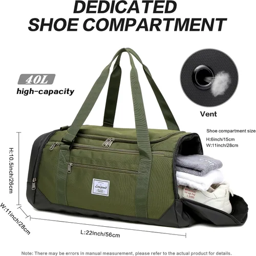 Vista 5 de Laripwit Bolsa de viaje para hombre, 40L, bolsa de gimnasio deportiva mediana con bolsillo para ropa húmeda y compartimento para zapatos, mochila