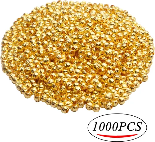 Vista 2 de Aylifu 1000 cuentas espaciadoras redondas de metal dorado de 0.118 pulgadas, cuentas sueltas para manualidades, pulseras, collares, joyería