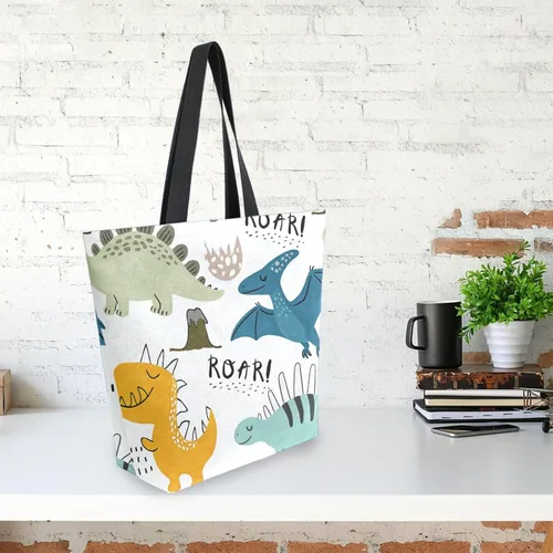 Vista 3 de SUABO Bolsa de asas de cocina reutilizable para comestibles, bolsa de compras de lona para exteriores Dinosaurio