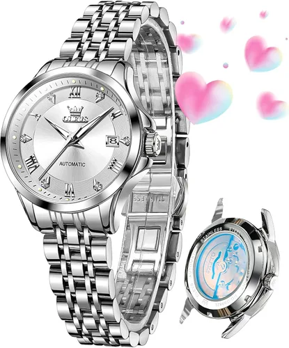 Vista 11 de OLEVS - Reloj automático de lujo para mujer con diamantes, fecha, clásico, de cuerda automática, relojes de pulsera luminosos e impermeables