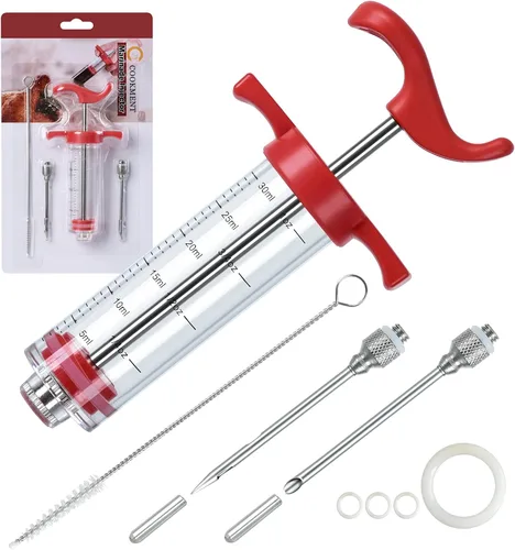 Vista 7 de JY COOKMENT Jeringa para inyector de carne, inyector de sabor marinado de 1 onza con 2 agujas profesionales, 1 cepillo de limpieza (negro)