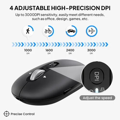 Vista 4 de Ratón Bluetooth inalámbrico, USB + BT × 2, Slim Pebble Multi Device Small Travel Ratones de viaje, Metal 4 Way Super Scrolling, ± 3000 DPI, 8