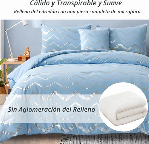 Vista 4 de Menghomeus Juego de edredón azul/plateado tamaño Twin/Twin XL, estampado metálico con purpurina, edredón de cama bonito y brillante, juegos de ropa