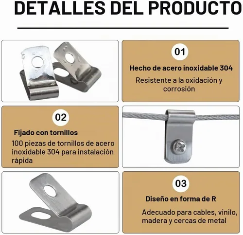 Vista 3 de Clips de Cerca de Alambre de Metal 100 Piezas Abrazaderas de Alambre Clips de Montaje de Cerca de Acero Inoxidable con 100 Piezas Tornillos de Acero