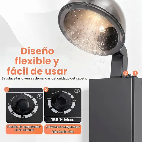 Vista 4 de Secador de pelo, 1200 W, profesional, independiente, con capucha, con ruedas, soporte para secador de pelo, 3 ajustes de temperatura
