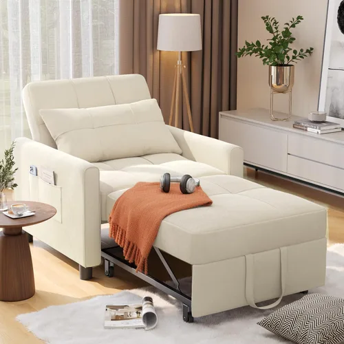 Vista 8 de Aiho - Sofá cama convertible 3 en 1 con diseño ajustable, color beige Respaldo ajustable con cama extraíble, almohada y bolsillo de almacenamiento