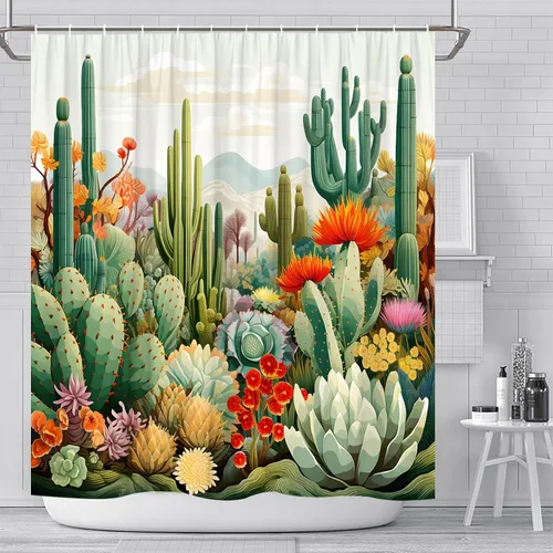 Vista 5 de Cortinas de ducha de cactus con plantas tropicales y flores, flores suculentas, desierto, montaña, paisaje, decoración de baño, cortinas de tela