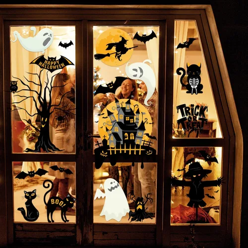 Vista 5 de Decoración de Halloween para decoración de Halloween, 6 hojas de cuervos de doble cara, murciélagos, arañas, fantasmas, calcomanías de vidrio