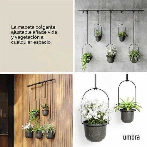 Vista 4 de Umbra Triflora - Maceta colgante para ventana, jardín de hierbas de interior, juego de 5, color negro