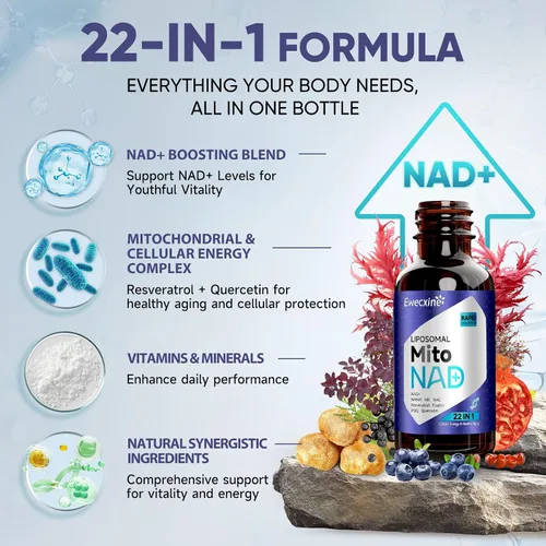 Vista 5 de Gotas líquidas liposomales NAD+, suplemento NR y NMNH y salud mitocondrial, 22 en 1 para un envejecimiento saludable, apoyo nervioso y energético