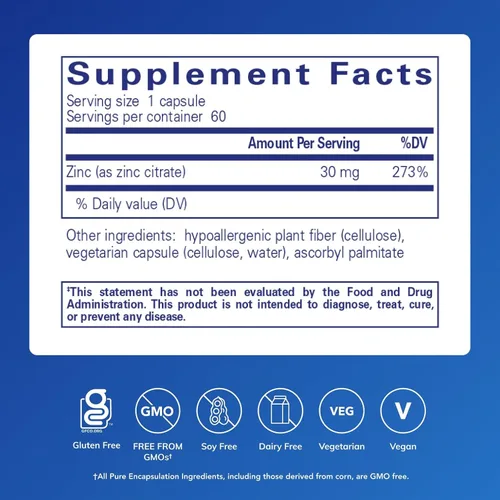 Vista 2 de Pure Encapsulations Zinc (Citrato), 60 Cápsulas
