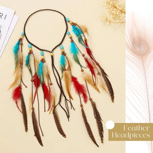 Vista 2 de CAKURE Diadema de plumas bohemias, tocado gitano, bohemio, turquesa, diadema azul hippie, diadema ajustable, accesorios para el cabello de plumas