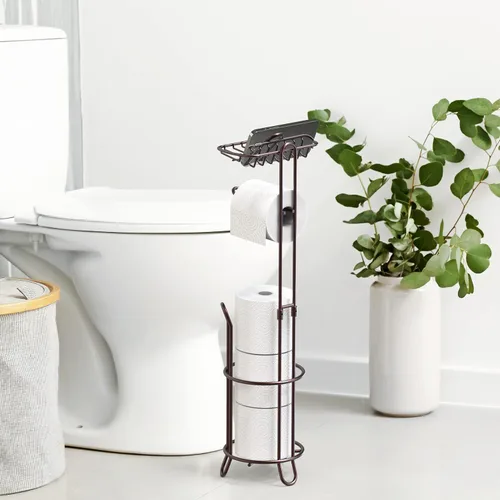 Vista 2 de Portarrollos de papel higiénico para baño de Simple Houseware con estante para teléfono celular, bronce