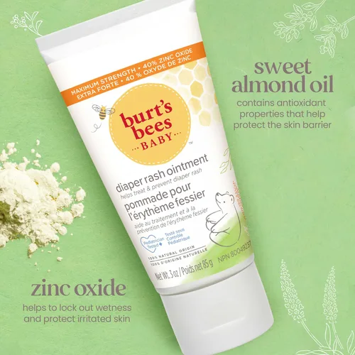 Vista 3 de Burt's Bees Baby Ungüento para dermatitis del pañal, máxima fuerza, 40% de óxido de zinc, 100% de origen natural, probado por pediatras, peso neto 3