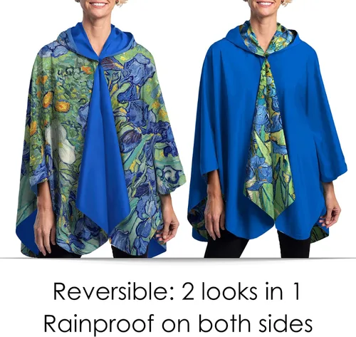 Vista 3 de RainCaper Capa impermeable para mujer, capa de lluvia con capucha, reversible, arte fino, Van Gogh Irises, talla única