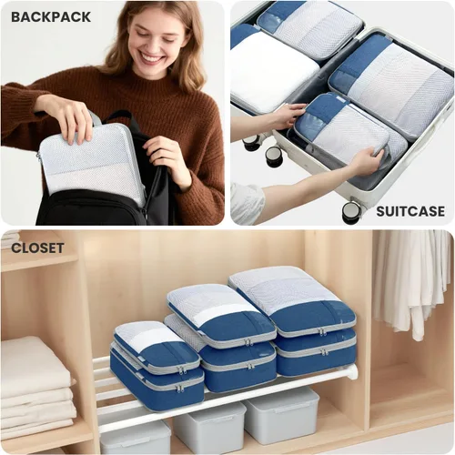 Vista 7 de Juego de 8 juegos6 juegos4 cubos de compresión para viajes, artículos esenciales ligeros de viaje para vacaciones, accesorios de viaje para maleta