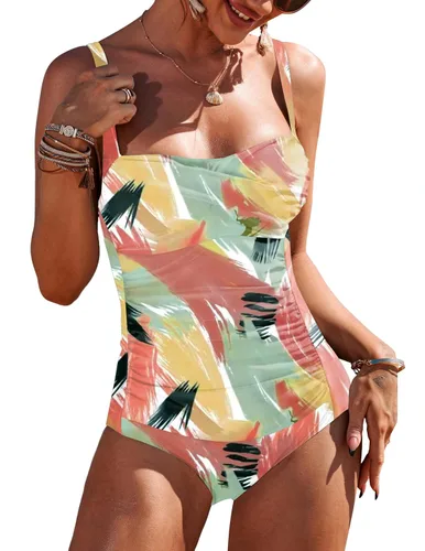 Vista 35 de Ekouaer Traje de baño de una pieza para mujer, con control de abdomen, fruncido, estilo vintage, retro, con efecto de realce Azul