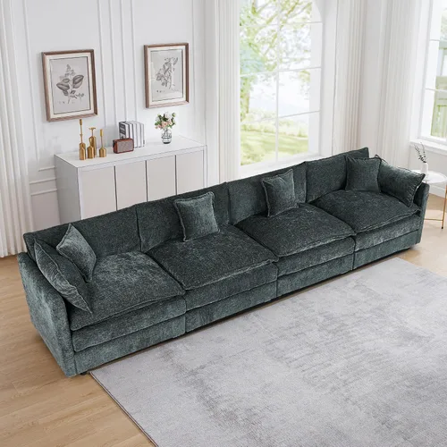 Vista 11 de Setawix Sofá Profundo de 3 Plazas con Otomana, Sofás de Nube en Forma de L de 112.2" para Sala de Estar, Sofá de Nube de Chenilla con Asiento Café