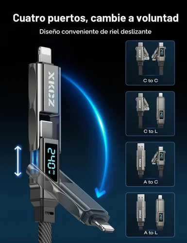 Vista 2 de XKCZ Cable USB C 4 en 1 con pantalla de potencia, cable de carga múltiple trenzado de nailon plano de 240 W con sincronización de datos, cable