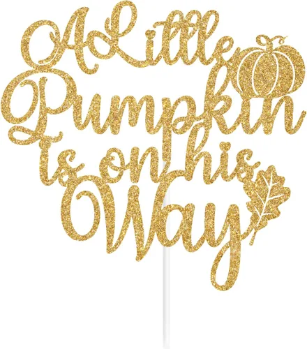 Vista 7 de Decoración para tartas con purpurina dorada "A Little Pumpkin is on His Way", calabaza Oh Boy/A Little Pumpkin is on the Way, decoración de fiesta