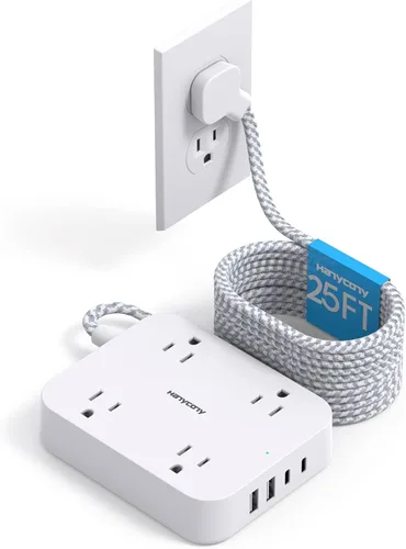 Vista 11 de Cable de Extensión con Enchufe Plano, HANYCONY Regleta de 5 pies con 4 Puertos USB (2 USB C), Extensor de 4 Tomas Amplias, Montaje en Pared