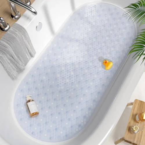 Vista 16 de HITSLAM Tapete antideslizante para bañera, 27 x 15 pulgadas, con ventosas y orificios de drenaje, lavable a máquina, ovalado, para niños, personas