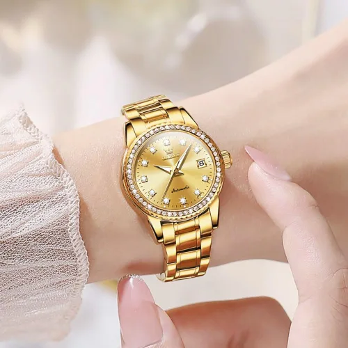 Vista 3 de OLEVS Reloj automático para mujer, de lujo, con diamantes de lujo, cuerda automática, impermeable, fecha luminosa