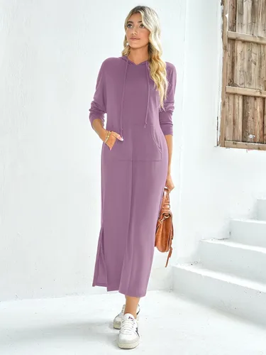 Vista 4 de GIKING Vestido largo con capucha para mujer, manga larga, con capucha, con bolsillos, moda de otoño 2023