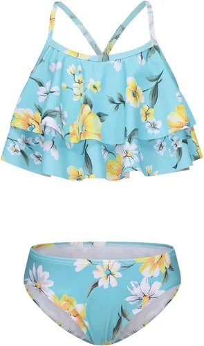Vista 16 de Traje de baño de dos piezas para niñas, traje de baño hawaiano para niñas de 3 a 16 años Negro Rosa Rojo Floral