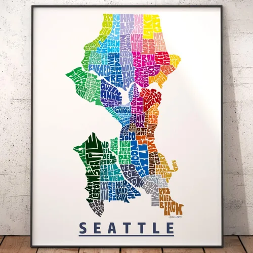 Vista 2 de Impresión del mapa del barrio de Seattle, impresión firmada de mi arte original de mapa de tipografía de Seattle dibujado a mano