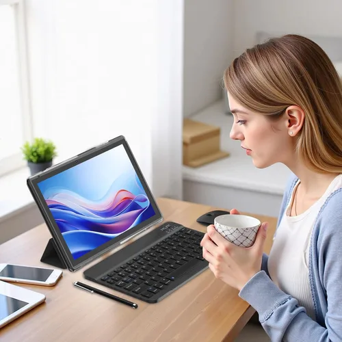 Vista 7 de Tablet Android 15 de 10 pulgadas con lápiz capacitivo de teclado, 8 GB de RAM 2 en 1 Tableta, incluye mouse y funda protectora, batería de 6000 mAh