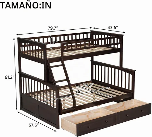 Vista 2 de Harper & Bright Designs Litera convertible de madera individual sobre cama matrimonial con 2 cajones de almacenamiento y escalera, se puede dividir