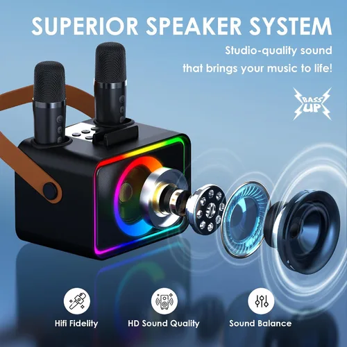 Vista 2 de Máquina de karaoke para niños y adultos, altavoz Bluetooth, 2 micrófonos Negro