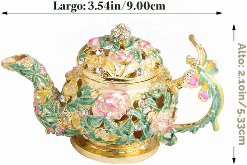 Vista 5 de QIFU Caja de baratijas esmaltada pintada a mano estilo tetera con bisagras, regalo único para decoración del hogar.. Oro Verde