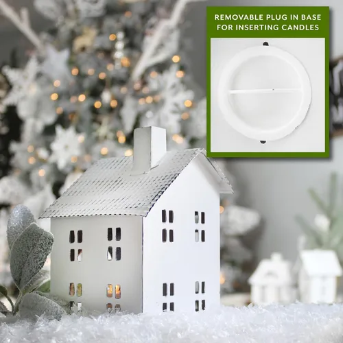 Vista 3 de AuldHome Design Casas de lata decorativas de granja (juego de 3, blanco); linterna de vela decorativa para vacaciones, aldea de Navidad o soporte