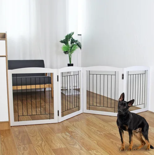 Vista 23 de ZJSF Puerta plegable independiente para perros para casa, puerta de madera extra ancha para cachorros, escaleras, puertas para mascotas, valla alta