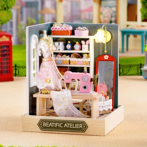 Vista 4 de TuKIIE Kit de casa de muñecas en miniatura con muebles, a escala 1:24, casa de muñecas de madera creativa para habitación mini, a prueba de polvo
