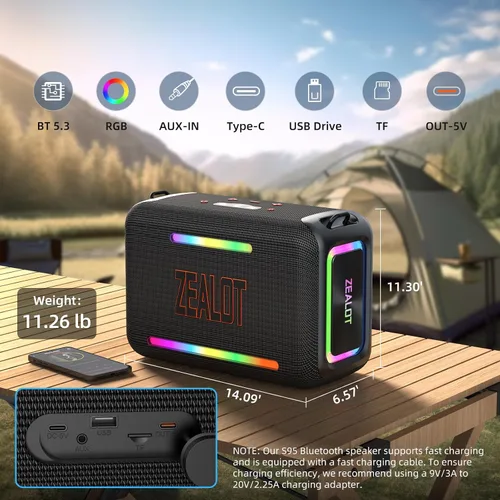 Vista 6 de ZEALOT Altavoz Bluetooth de 120 W RMS (pico de 150 W), altavoces inalámbricos portátiles IPX6, resistente al agua, altavoz de subwoofer Bluetooth