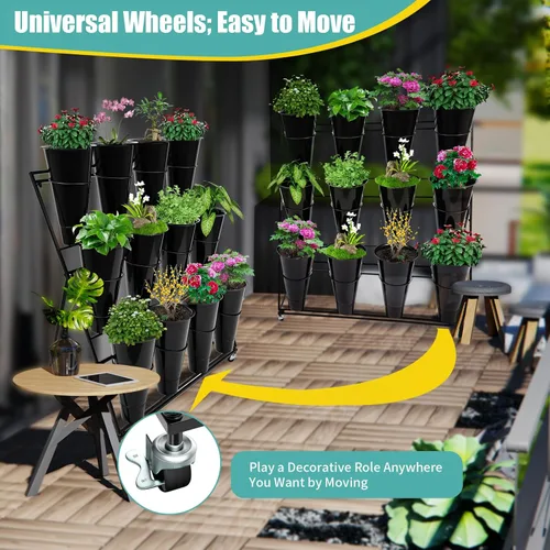 Vista 5 de Soporte de exhibición de flores con cubos y ruedas, estante de flores rodante de 3 niveles de metal para plantas interior y exterior