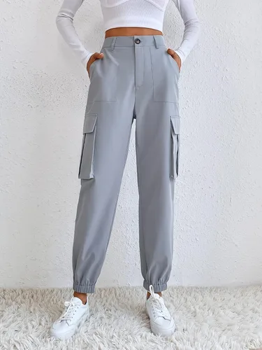 Vista 3 de MakeMeChic Pantalones cargo casuales de cintura alta para mujer con bolsillos