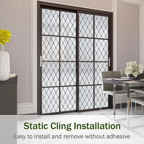 Vista 4 de VELIMAX Película de vinilo de vidrio decorativo para ventana, diseño de celosía negra esmerilada, película de vinilo de vidrio extraíble