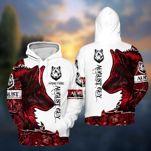 Vista 3 de TS6000026 Agosto Nombre personalizado Nombre personalizado Nacido en agosto Cumpleaños Lobo August Guy All Over Print Hoodie 3D S-5XL, Rojo