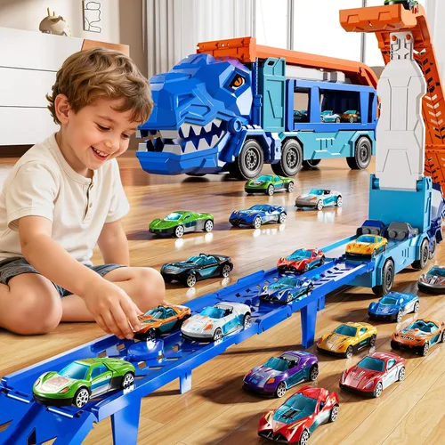 Vista 3 de Juego de pistas de camiones para niños de 3, 4, 5, 6 años, camión de dinosaurio, pista de carreras con 12 juguetes de autos de carreras fundidos a