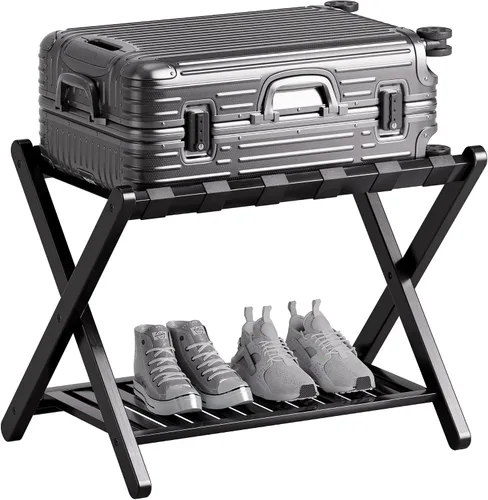 Vista 10 de SMIBUY Portaequipajes, soporte plegable de bambú para maleta con estante de almacenamiento para habitación de invitados, dormitorio, hotel, Natural