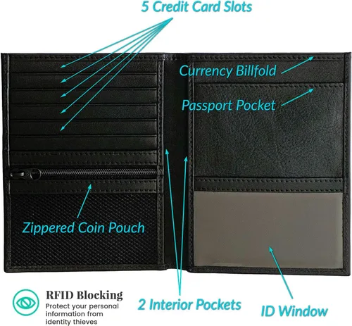 Vista 2 de Soporte para pasaporte de viaje de cuero genuino con bloqueo RFID, Negro -, Cartera Rfid
