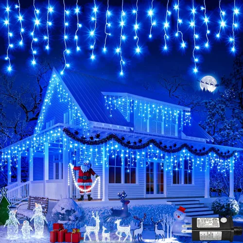 Vista 19 de Luces de Navidad de carámbano para exteriores, 66 pies, 640 luces LED de Navidad azules y blancas, 8 modos con 120 gotas, luz de carámbano