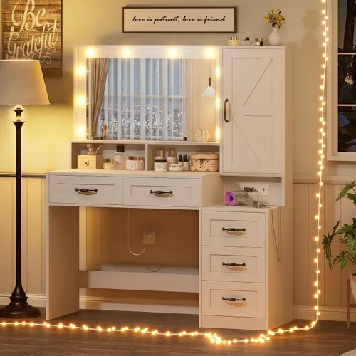 Vista 10 de Escritorio negro con espejo y luces, tocador de maquillaje con 9 cajones, 6 estantes y toma de corriente, espejo de pantalla táctil, tocador